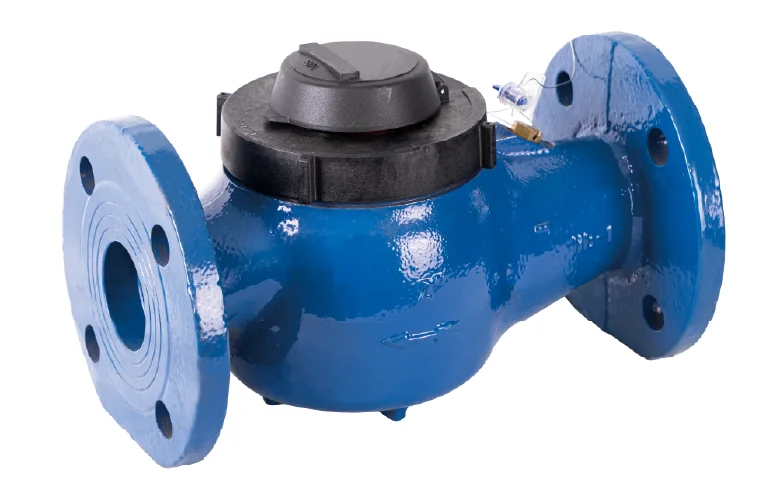 Blue flanged Woltman water meter