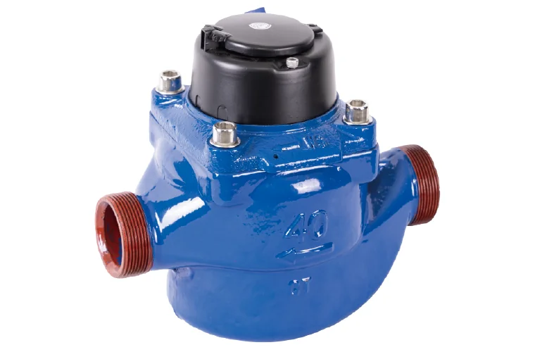 Blue vertical Woltman bulk water meter